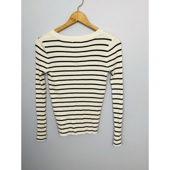 H&M Basics Womens Size Small Black and White Striped Ribbed Cardigan V-Neck Y2K - Picture 2 of 7